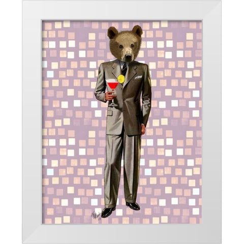 Bear With Cocktail White Modern Wood Framed Art Print by Fab Funky