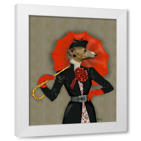 Elegant Greyhound and Red Umbrella White Modern Wood Framed Art Print by Fab Funky