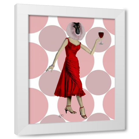 Monkey in Red Dress with wine White Modern Wood Framed Art Print by Fab Funky