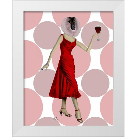 Monkey in Red Dress with wine White Modern Wood Framed Art Print by Fab Funky