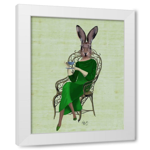 Lady Bella Rabbit Taking Tea White Modern Wood Framed Art Print by Fab Funky