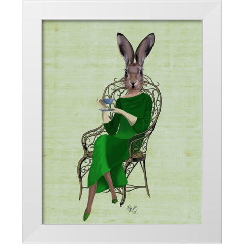 Lady Bella Rabbit Taking Tea White Modern Wood Framed Art Print by Fab Funky