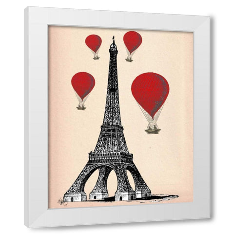 Eiffel Tower and Red Hot Air Balloons White Modern Wood Framed Art Print by Fab Funky