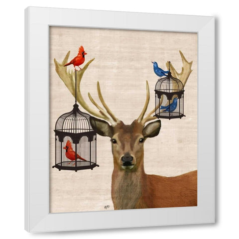 Deer And Bird Cages White Modern Wood Framed Art Print by Fab Funky