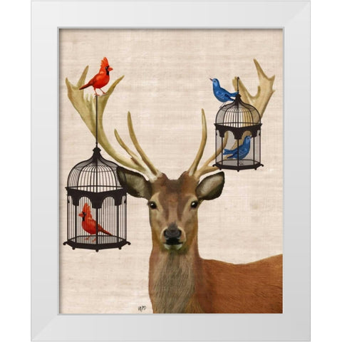 Deer And Bird Cages White Modern Wood Framed Art Print by Fab Funky