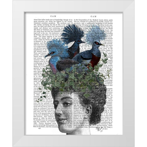 Woman with Blue Birds On Head White Modern Wood Framed Art Print by Fab Funky