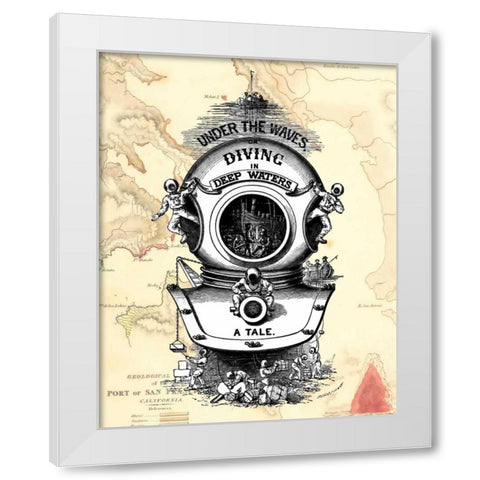 Diving Helmet on Map White Modern Wood Framed Art Print by Fab Funky