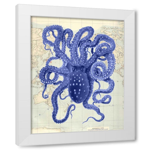 Blue Octopus 2 on Nautical Map White Modern Wood Framed Art Print by Fab Funky