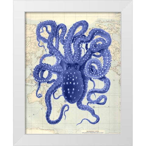Blue Octopus 2 on Nautical Map White Modern Wood Framed Art Print by Fab Funky