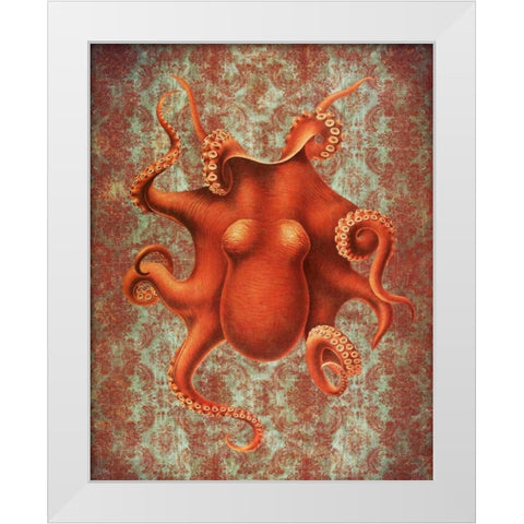 Octopus 4 Red Damask White Modern Wood Framed Art Print by Fab Funky