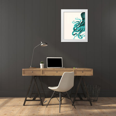 Octopus Green and Cream a White Modern Wood Framed Art Print by Fab Funky