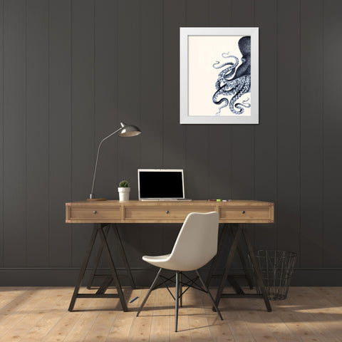 Octopus Indigo Blue and Cream A White Modern Wood Framed Art Print by Fab Funky