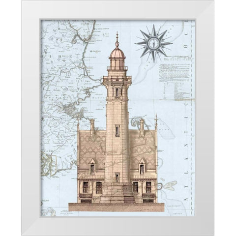 Lighthouse and House on Nautical Map White Modern Wood Framed Art Print by Fab Funky