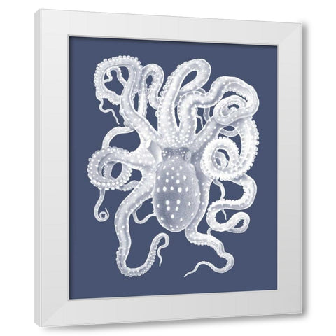 White Octopus on Indigo Blue a White Modern Wood Framed Art Print by Fab Funky