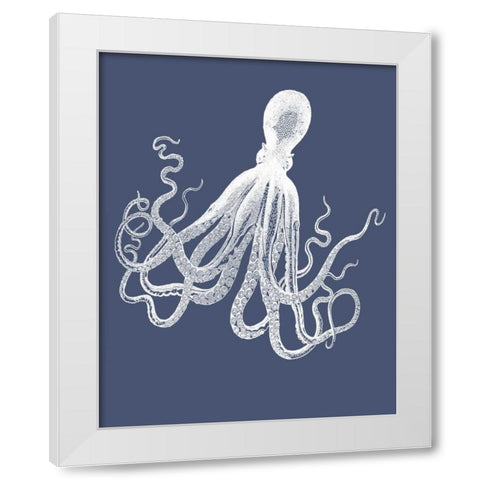 White Octopus on Indigo Blue e White Modern Wood Framed Art Print by Fab Funky