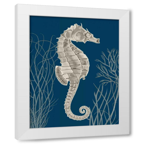 Silver Grey Seahorses on Blue a White Modern Wood Framed Art Print by Fab Funky