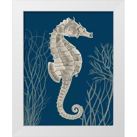 Silver Grey Seahorses on Blue a White Modern Wood Framed Art Print by Fab Funky