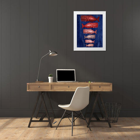 Whale Family Red On Blue White Modern Wood Framed Art Print by Fab Funky