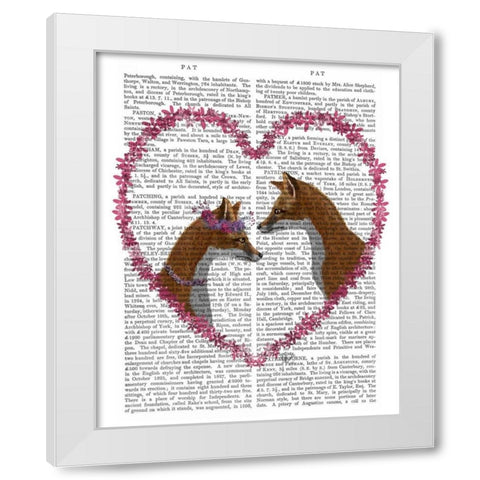 Foxes in Pink Heart White Modern Wood Framed Art Print by Fab Funky