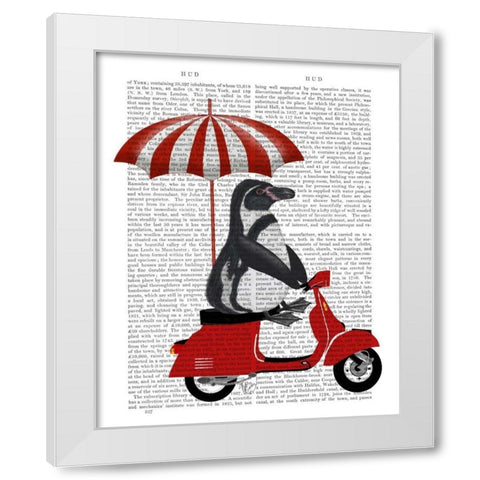 Penguin On Red Moped White Modern Wood Framed Art Print by Fab Funky