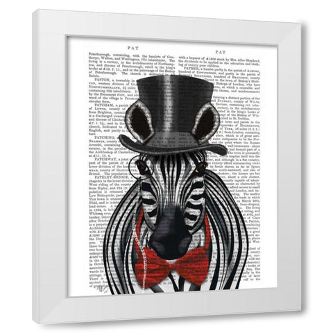 Zebra with Top Hat and Bow Tie 2, Forwards White Modern Wood Framed Art Print by Fab Funky