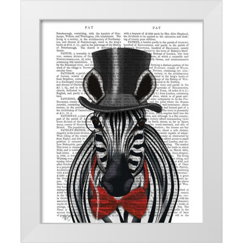 Zebra with Top Hat and Bow Tie 2, Forwards White Modern Wood Framed Art Print by Fab Funky