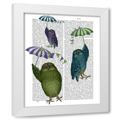 Owls with Umbrellas White Modern Wood Framed Art Print by Fab Funky