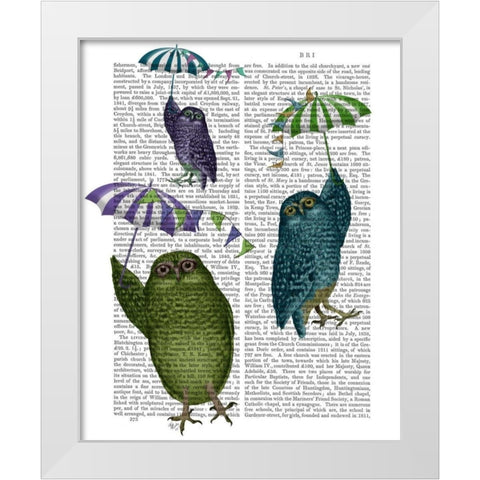Owls with Umbrellas White Modern Wood Framed Art Print by Fab Funky