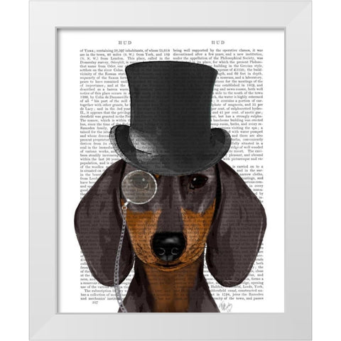 Dachshund, Formal Hound and Hat White Modern Wood Framed Art Print by Fab Funky