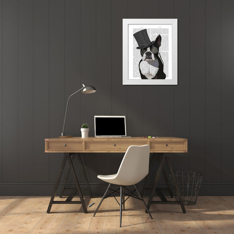 Boston Terrier, Formal Hound and Hat White Modern Wood Framed Art Print by Fab Funky