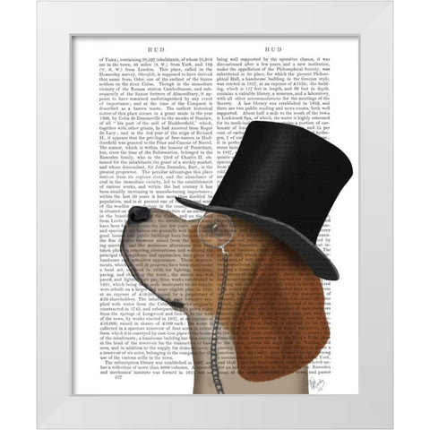 Beagle, Formal Hound and Hat White Modern Wood Framed Art Print by Fab Funky