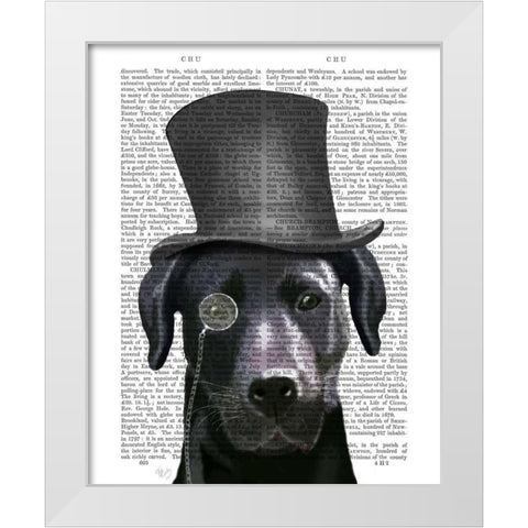 Black Labrador, Formal Hound and Hat White Modern Wood Framed Art Print by Fab Funky