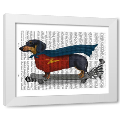 Dachshund On Skateboard White Modern Wood Framed Art Print by Fab Funky
