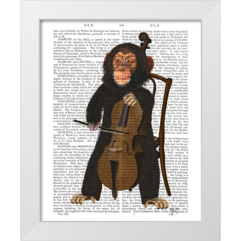 Chimp Playing Cello White Modern Wood Framed Art Print by Fab Funky