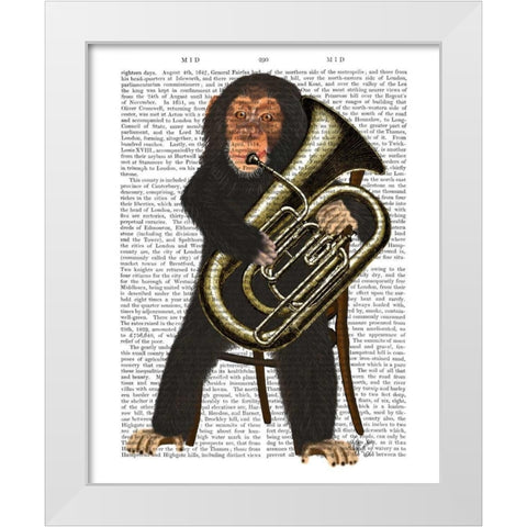 Chimp Playing Tuba White Modern Wood Framed Art Print by Fab Funky