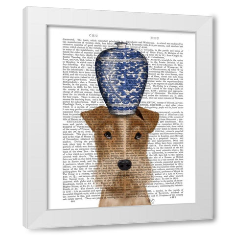 Fox Terrier with Blue Vase White Modern Wood Framed Art Print by Fab Funky