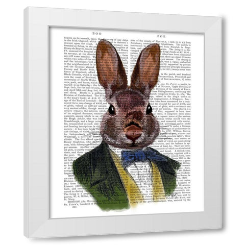 Rabbit in Green Jacket White Modern Wood Framed Art Print by Fab Funky
