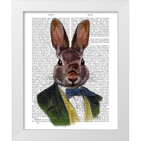 Rabbit in Green Jacket White Modern Wood Framed Art Print by Fab Funky