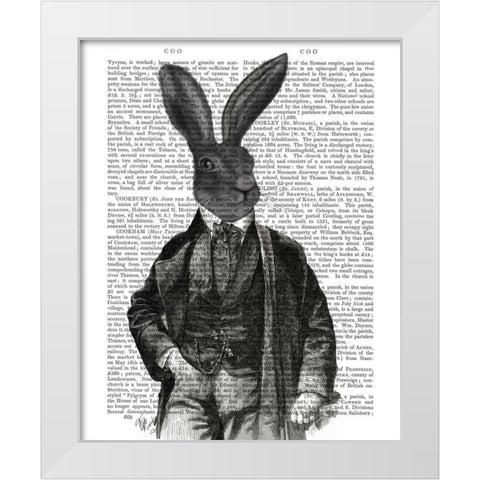 Rabbit Victorian Gent White Modern Wood Framed Art Print by Fab Funky