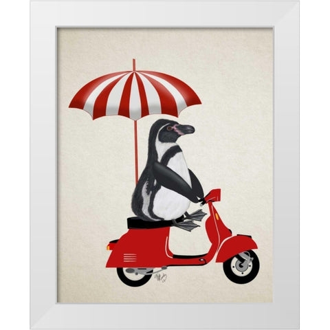 Penguin On Red Moped White Modern Wood Framed Art Print by Fab Funky