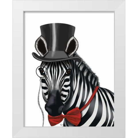 Zebra with Top Hat and Bow Tie 1, Sideways White Modern Wood Framed Art Print by Fab Funky