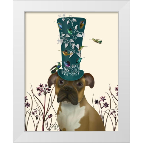Boxer and Bird Hat White Modern Wood Framed Art Print by Fab Funky