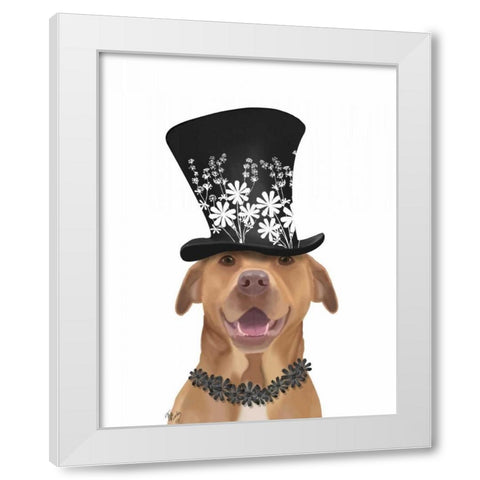 Pit Bull with Black Hat White Modern Wood Framed Art Print by Fab Funky