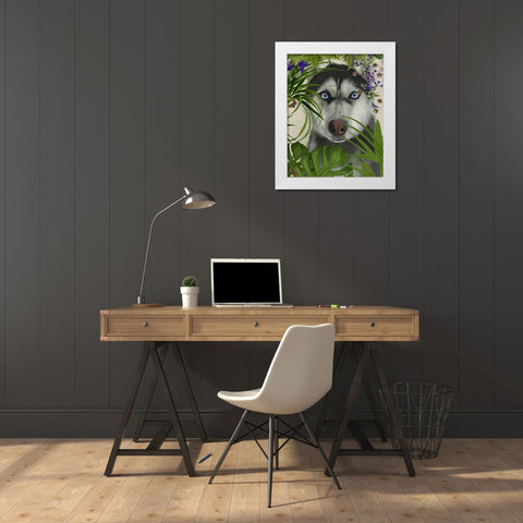 Tropical Husky White Modern Wood Framed Art Print by Fab Funky