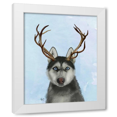 Husky and Antlers White Modern Wood Framed Art Print by Fab Funky