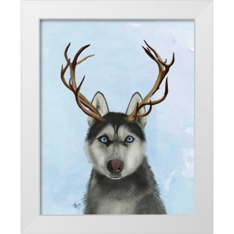 Husky and Antlers White Modern Wood Framed Art Print by Fab Funky