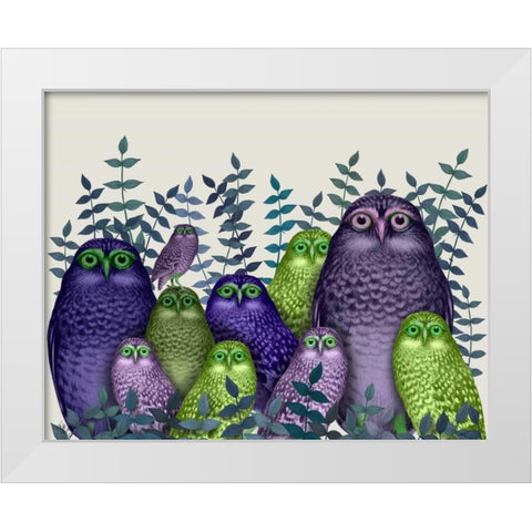 Electric Owls, Purple and Lime White Modern Wood Framed Art Print by Fab Funky