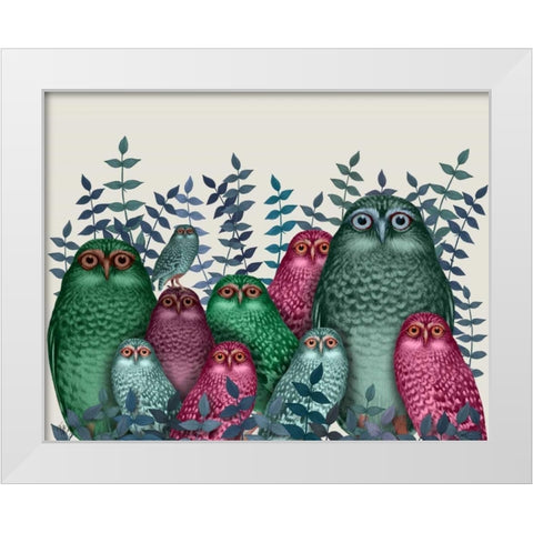 Electric Owls, Pink and Green White Modern Wood Framed Art Print by Fab Funky
