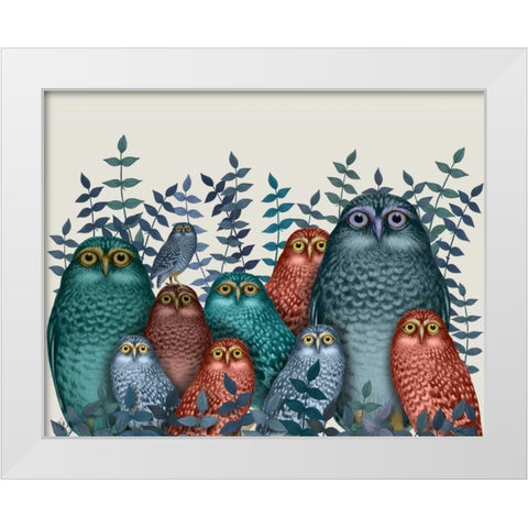 Electric Owls, Blue and Orange White Modern Wood Framed Art Print by Fab Funky