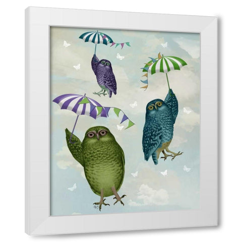 Owls with Umbrellas White Modern Wood Framed Art Print by Fab Funky